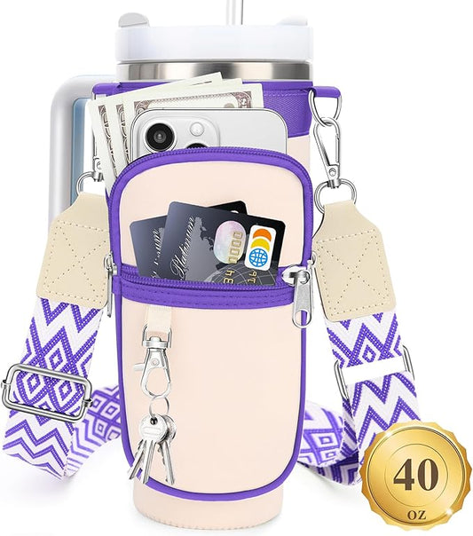 Water Bottle Carrier Bag with Strap for Stanley 40/30 oz Tumbler with Handle, Water Bottle Holder Pouch with Phone Pocket for Stanley Cup Accessories, fit Walking Hiking Travel