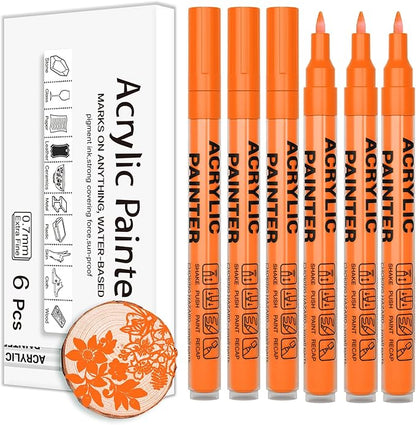 Acrylic Paint Pens Waterproof Markers 6 Orange Permanent Marker Pens Acrylic Pens for Rock Painting Glass Stone Ceramic Metal Fabric Pebble Painting pens Craft Supplies