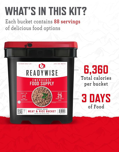 ReadyWise Emergency Food Supply - 88 Servings Meat & Rice Bucket, Freeze Dried Protein Meals, Camping Essentials, Bulk Rice & Survival Food, Disaster Prepping Supplies, up to 25 Year Shelf Life
