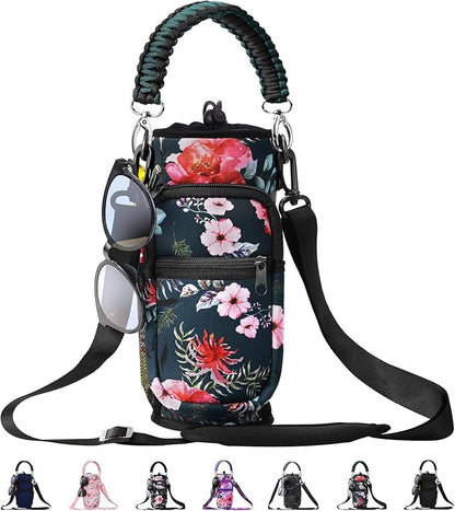 32/40/64/87/128 oz Water Bottle Carrier Bag, Neoprene Water Bottle Sleeve with 4 Pocket, Sport Water Holder with Paracord Handle and Shoulder Strap for Walking Hiking Camping Gym