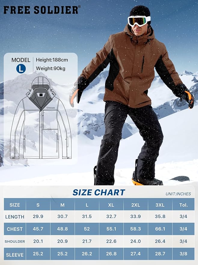 FREE SOLDIER Men's Waterproof Ski Jacket Fleece Lined Warm Winter Snow Coat with Hood Fully Taped Seams