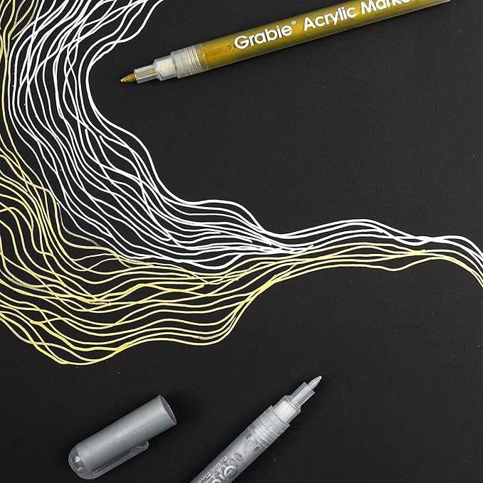 Grabie Gold&Silver Extra Fine Tip Acrylic Paint Marker Set, 6 Pack Gold Paint Markers, 0.7mm Acrylic Paint Pens for Black Paper, Halloween Pumpkin, Christmas DIY, Silver Pen(Gold&Silver)