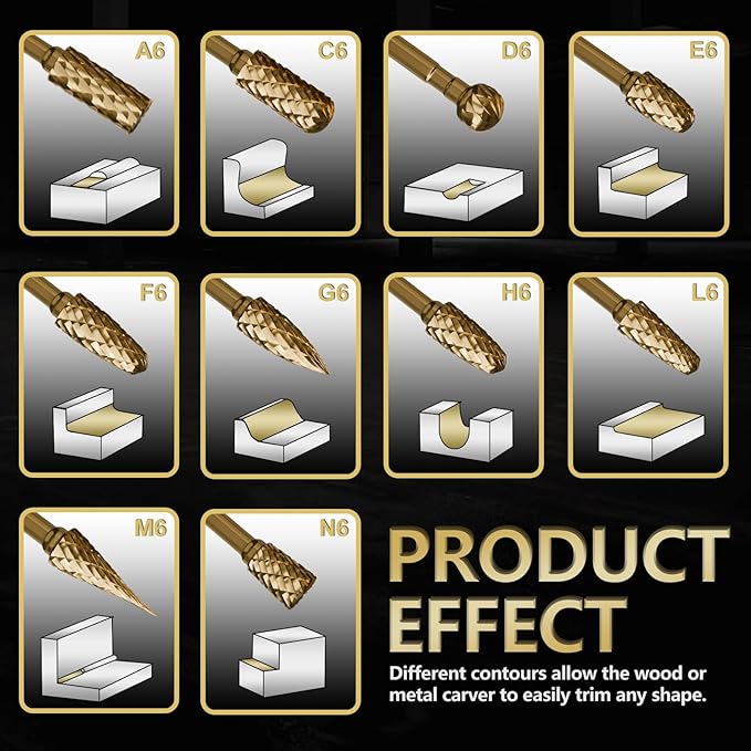 CATITO 10 Pcs 1/4" Carbide Burr Set, 1/4" Quick-Change Shank, Die Grinder Bits for Metal, Wood, Stone, Compatible with Most Rotary Tools