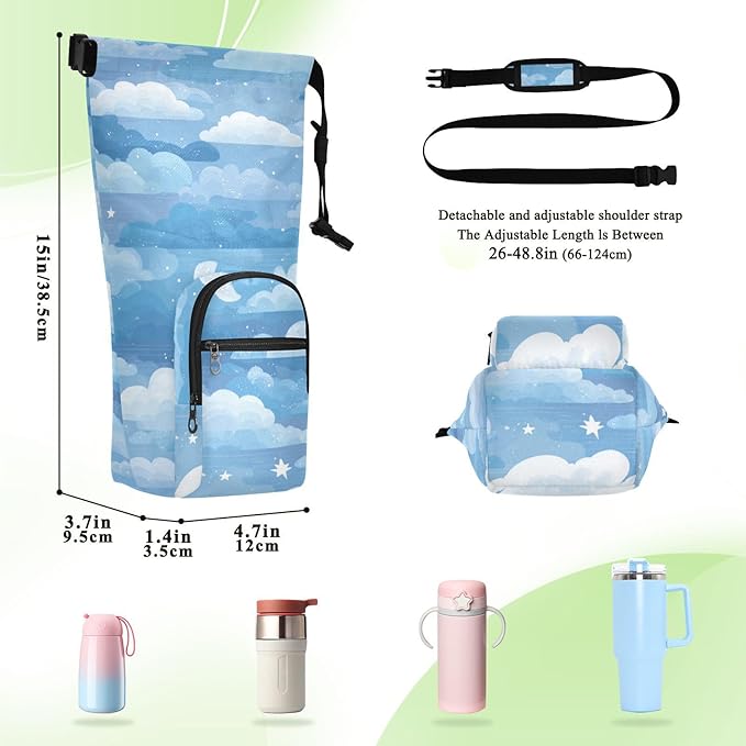 Blue Gradient Cloud and Stars Water Bottle Holder with Strap Insulated Water Bottle Carrier Crossbody Bags Pouch with Phone Pocket for Travel Gym Hiking Walking Running