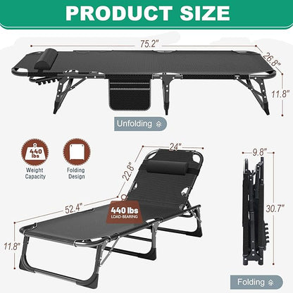 Camping Cot, Adjustable 4-Position Adults Reclining Folding Chaise with Pillow, Outdoor Portable Lounge Chair Sleeping Cots Bed, Perfect for Camping, Pool, Beach, Patio