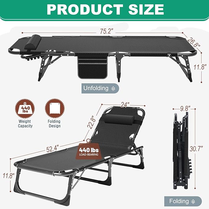 LILYPELLE Adjustable 4-Position Camping Cot, 500lbs, Folding Chaise with Pillow, Outdoor Portable Furniture for Adults, Cot Bed for Camping, Pool, Beach, Patio