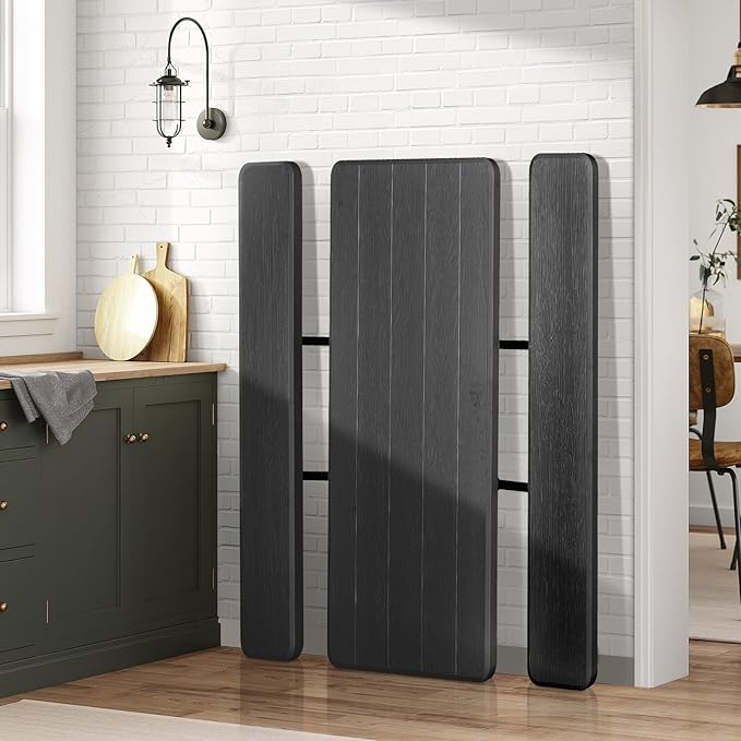 Tangkula Folding Picnic Table with 2 Benches, Outdoor Metal Camping Table Set with Plastic Wood-Like Texture Tabletop & Steel Frame, Foldable Camping Table for Picnic, Party, BBQ (Black)