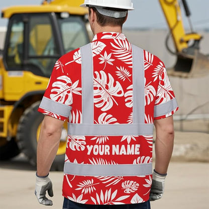 High Visibility Hawaiian Shirt for Men Tropical Shirts Custom Name Floral Outfit Reflective Safety Workwear