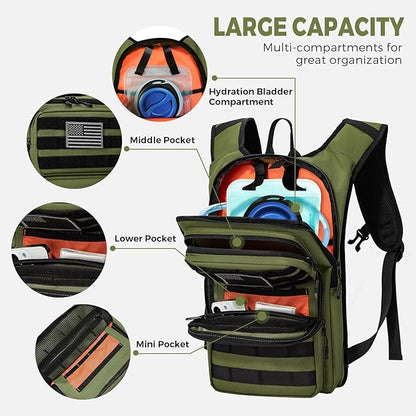 Tactical Hydration Backpack with 2L Water Bladder and Front Small Tactical Pouch, Outdoor Water Backpack for Men Women, Sports Hydration Pack for Hiking, Cycling, Climbing