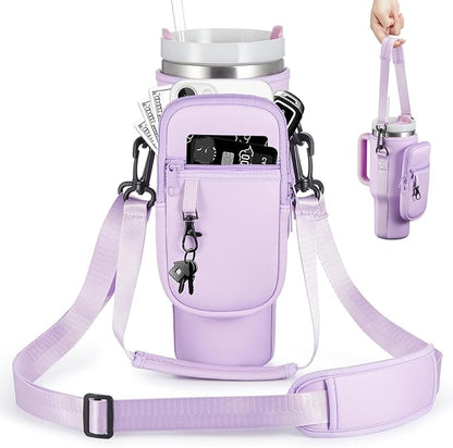 Water Bottle Carrier Bag with Phone Pocket for Stanley 40 & 30 oz Tumbler with Handle,Pink Insulated Neoprene Cup Holder Pouch w/Adjustable Strap for Quencher H2.0 Stanley Cup Accessories