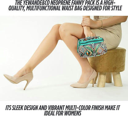 Yewande&co Neoprene Fanny Pack Belt Bag – Lightweight Waterproof Waist Bag with Adjustable Strap, 3 Zippered Pockets, Crossbody Belt Bag for Travel, African Design Crossbody Bags (Forest)