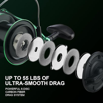 HAUT TON Spinning Reel 8000/9000/10000/12000/14000,6+1BB Metal Surf Fishing Reels,4.8:1 Gear Ratio 55lbs Drag Heavy Long Casting Inshore Saltwater Monster Fish