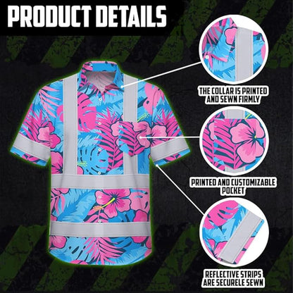High Visibility Hawaiian Shirt for Men Tropical Shirts Custom Name Floral Outfit Reflective Safety Workwear