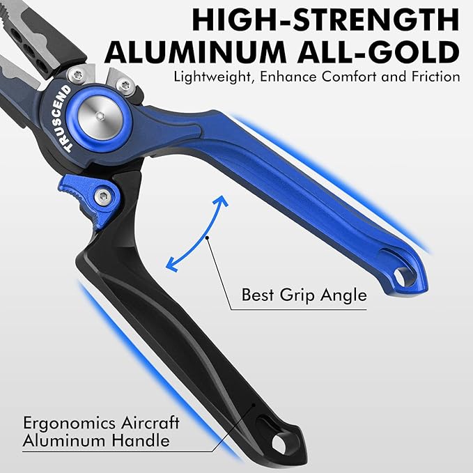 TRUSCEND Lockable Handy Fishing Pliers with Innovative Ergonomical Handle, Corrosion Saltwater Resistant Teflon Coated Fishing Tool, Multi-Function Fishing Gear with Mo-V Cutter, Fishing Gifts for Men