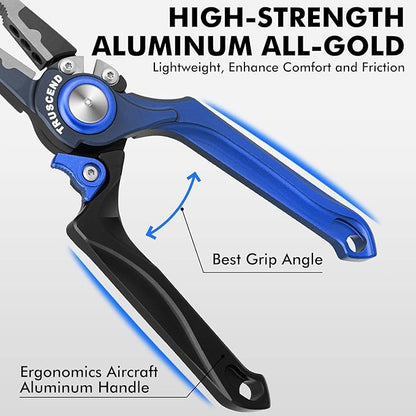 TRUSCEND Lockable Handy Fishing Pliers with Innovative Ergonomical Handle, Corrosion Saltwater Resistant Teflon Coated Fishing Tool, Multi-Function Fishing Gear with Mo-V Cutter, Fishing Gifts for Men