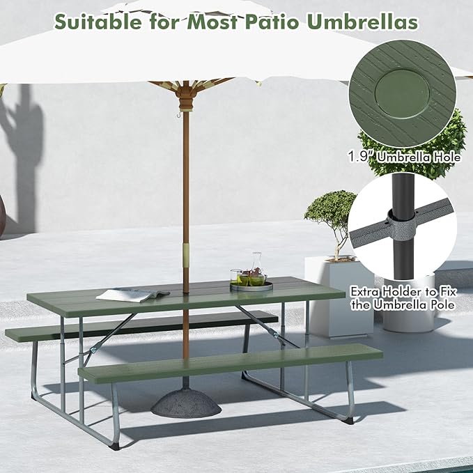 Tangkula 6 Ft Folding Picnic Table, Outdoor 8 Person Large Picnic Table Set with 2 Built-in Benches, Umbrella Hole, Metal Frame & HDPE Tabletop for Garden, Backyard (Green)