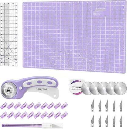 Rotary Cutter Set Purple - Quilting Kit incl. 45mm Fabric Cutter, 5 Replacement Blades, A2 Cutting Mat, Acrylic Quilting Ruler, Sewing Clips, Craft Knife Set, Ideal for Crafting, Sewing, Patchworking