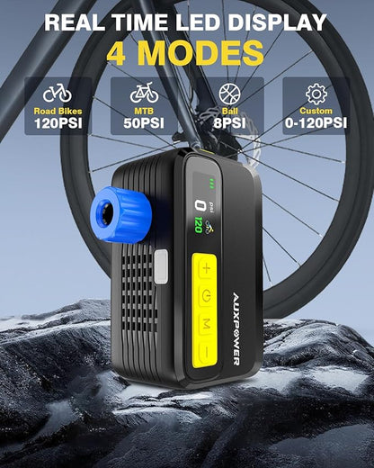 Auxpower 2026 Upgrade 1500mAh Bike Pump 120PSI Fast Inflation Electric Bike Tire Pump with Brushless Motor Mini Powerful Bike Pump 4 Preset Modes for All Bikes and Sport Balls