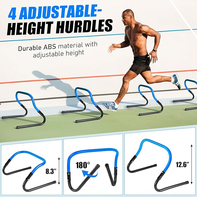 Agility Speed Training Equipment Set, Football Practise Set with 20ft Agility Ladder, 12 Cones, 4 Adjustable Hurdles, Jump Rope, Parachute, for Basketball, Soccer, Football, Kids, Youth, Adults