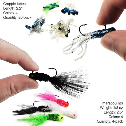 Crappie Lures Tube Lures Jigs Heads Worms Swimbaits Kit, 165, 124, 50 Pcs Pre-Rigged Crappie Jigs Tube Hooks Soft Plastic Grub Worms Baits for Bass Trout Freshwater Saltwater Fishing