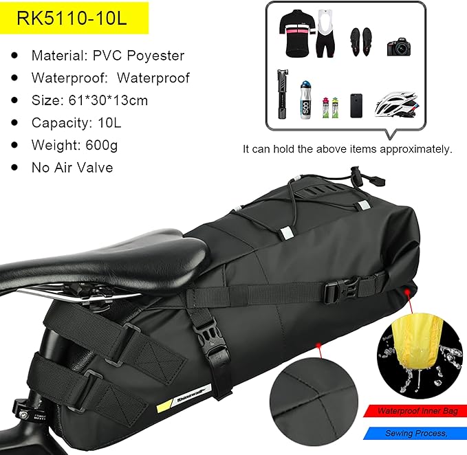 Rhinowalk Waterproof Bike Saddle Bag 10L Under Seat Storage for Mountain Road Biking and Commuting Trips