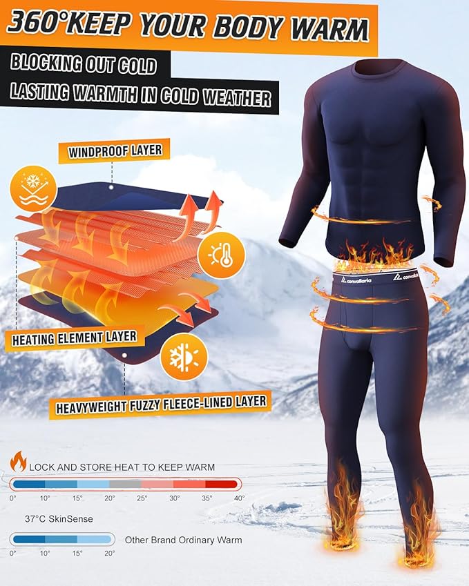 CL convallaria Long Johns Thermal Underwear for Men Soft Fleece Lined Base Layer Cold Weather Top Bottom Gift Set
