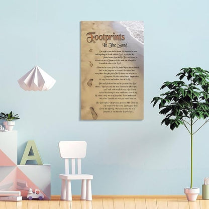 Footprints in the Sand Religious Canvas Wall Art Posters, Inspirational Beach Sunset Poem Print Poster (Framed 20x30inch, Footprints(3))