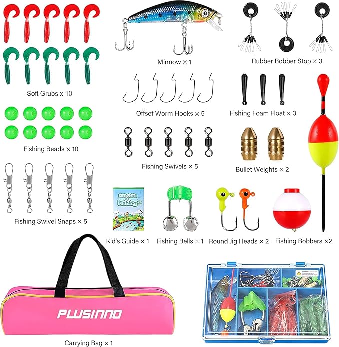 PLUSINNO Kids Fishing Pole with Spincast Reel Telescopic Fishing Rod Combo Full Kits for Boys, Girls, and Adults