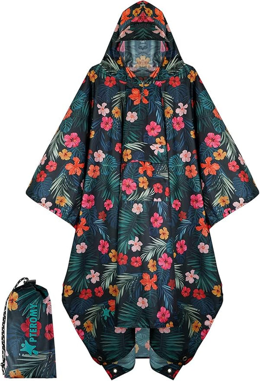 PTEROMY Hooded Rain Poncho for Adult with Pocket, Waterproof Lightweight Unisex Raincoat for Hiking Camping Emergency