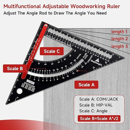 12 Inch Aluminum Carpenter Square, Woodworking Adjustable Rafter Framing Square, Measuring Angle Large Triangle Ruler Layout Tool, Multifunctional Carpentry Square, Gift for Carpenters