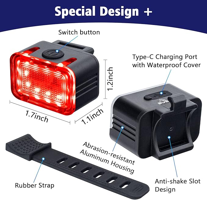 Powerful Rechargeable Bike Light Set - Smart Multi-Modes Ultra Bright Bicycle Front and Rear Lights with Spot & Flood Beams, Waterproof Headlight Taillight Set for Mountain, Road, Kids & City Bicycles
