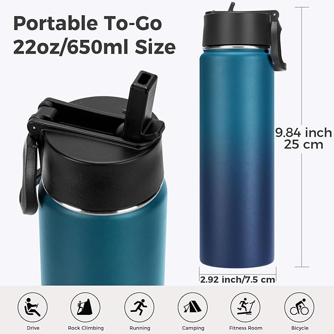 Neihepal 22 oz Insulated Water Bottle with Straw Lid, Double Walled Vacuum Stainless Steel Water Bottles Leak Proof, Wide Mouth (Dark Night,1 Pack)