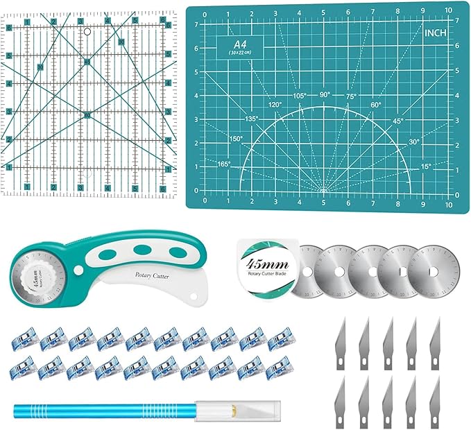 39 Pcs Rotary Cutter Set- Quilting Kit incl. 45mm Fabric Cutter with 5 Extra Blades, A4 Cutting Mat, 2 Craft Knife Set, Ideal for Crafting, Sewing, Patchworking Turquoise