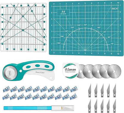 39 Pcs Rotary Cutter Set- Quilting Kit incl. 45mm Fabric Cutter with 5 Extra Blades, A4 Cutting Mat, 2 Craft Knife Set, Ideal for Crafting, Sewing, Patchworking Turquoise