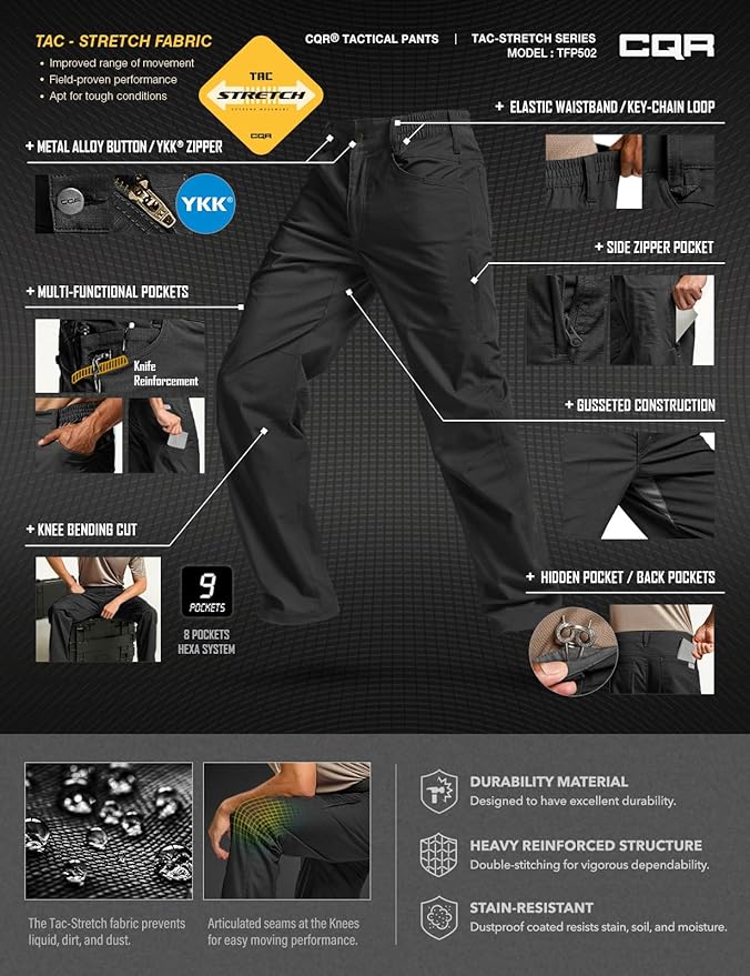 CQR Men's Flex Stretch Tactical Pants, Water Resistant Ripstop Cargo Pants, Lightweight EDC Outdoor Work Hiking Pants