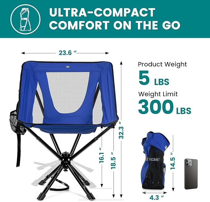 Portable Camping Chair - SwivelCore 180 Swivel & Auto-Return, Small Compact Lightweight Folding Chairs for Adults, Outdoor Backpack Chair for Adventures, Setup in Seconds, Support 300 LBS