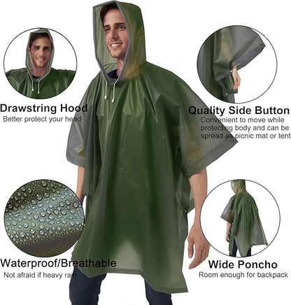 Rain Ponchos for Adults, 2 Pack Raincoats Jacket Reusbale with Drawstring Hood Sleeves for Women Men