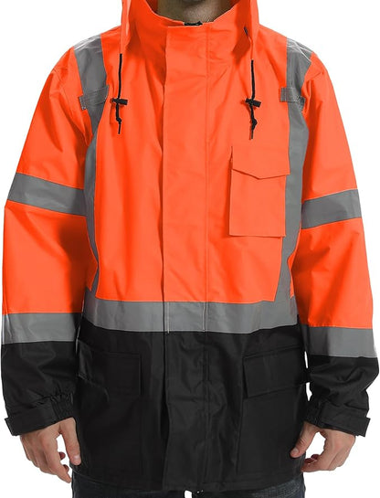 Reflective Rain jackets for men waterproof,Hi Vis Safety Coat With Reflective Strips，High Visibility Class 3 Rain jackets With 2 large pockets，Zipper,Black Bottom Orange,4XL/5XL