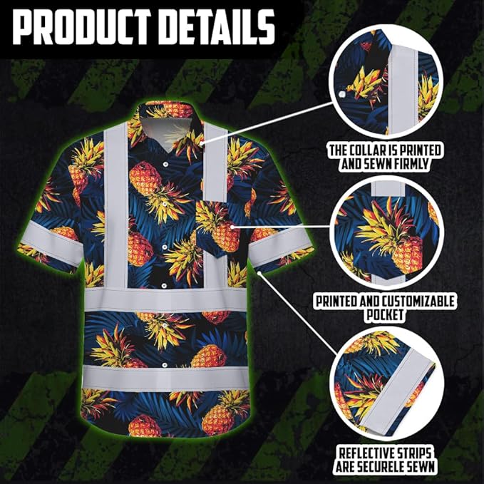 High Visibility Hawaiian Shirt for Men Tropical Shirts Custom Name Floral Outfit Reflective Safety Workwear