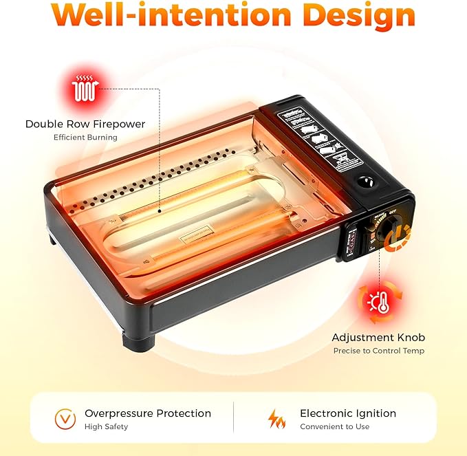 Portable Butane Stove -2 in 1 Compact Gas Grill Stove with Detachable Grate + Carry Case | Dual Fuel Tabletop BBQ for Camping, Korean BBQ, Tailgating | Fast Stainless Steel Outdoor Cooker