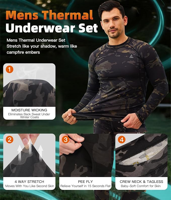 CL convallaria Mens Thermal Underwear Set with Fly Long Johns Base Layer Winter Hunting Gear Sport Top and Bottom