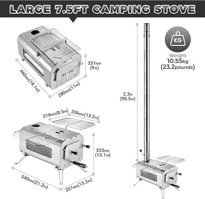 KingCamp Hot Tent Stove, Foldable Camping Stove with Large Firebox, 7.5ft Winter Camping Stove for Tent, Shelter, Cabin Heating, With Chimney Pipes, Heat Resistant Glass & Gloves for Outdoor