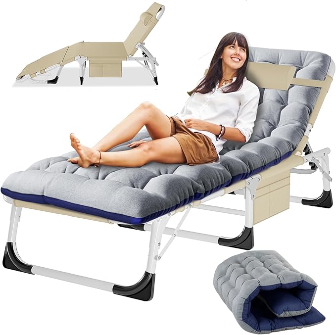 Slsy Sleeping Cots for Adults, 5-Position Folding Chaise Lounge Chairs Outdoor, Portable Folding Bed Cot Lounge Chair for Beach Lawn Camping Pool Sun Tanning
