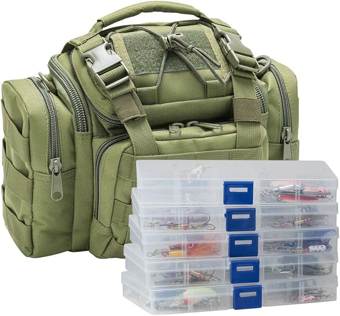 Dr.Fish Fishing Tackle Bag 5 Boxes with 60 Lures Included Loaded Stocked Tackle Box Set Spinner Lures Kit Freshwater Gear Equipment