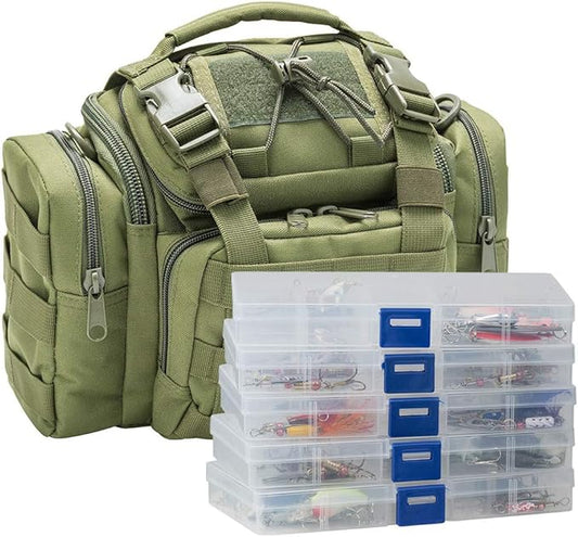 Dr.Fish Fishing Tackle Bag 5 Boxes with 60 Lures Included Loaded Stocked Tackle Box Set Spinner Lures Kit Freshwater Gear Equipment