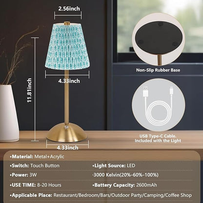 Cordless LED Table Lamp with Dimmer, Built-in Rechargeable Battery, 3-Level Brightness, Patio Table Lamp, Bedside Night Lamp, Ambient Light for Restaurant, Antique Brass (Green Flower)