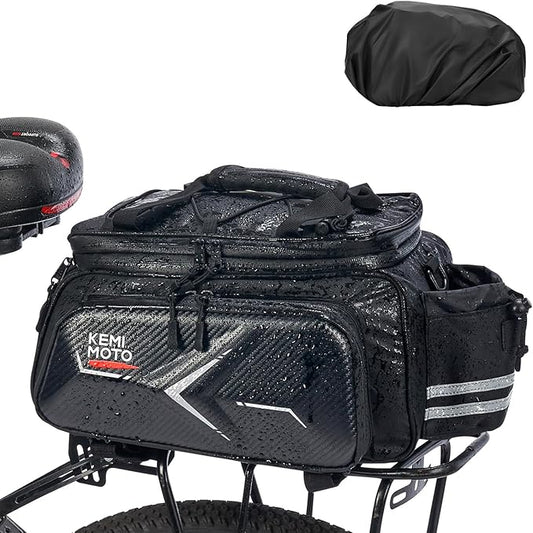 KEMIMOTO Hard Shell Bike Bag Rear Rack 20L Capacity, Carbon Leather Bicycle Trunk Bag with Waterproof Rain Cover for Grocery Shopping Commuter Cycling Trip (Upgraded Design)