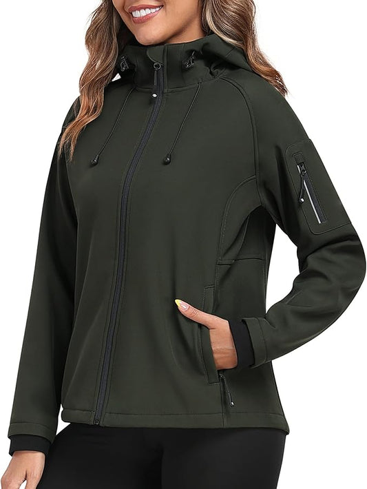 MoFiz Women's Fleece Lined Softshell Jacket Hooded Windproof Lightweight Insulated Jacket Full Zip Warm Coat
