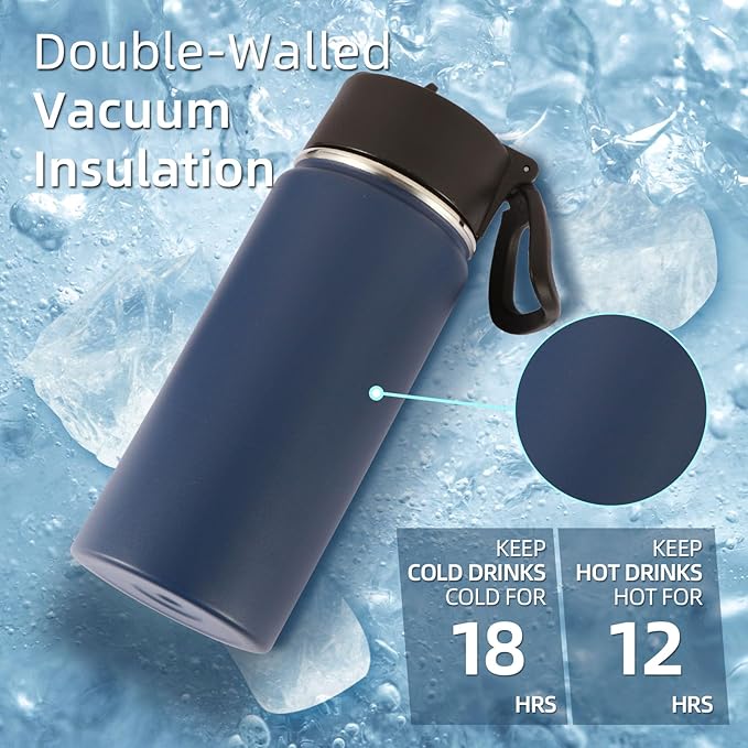 Volhoply Kids Insulated Water Bottle with Straw,16oz Stainless Steel Cold Water Bottles for School,BPA-Free Metal Wide Mouth Cups with Handle Lid,Reusable Double Wall Vacuum Sport Flask(Navy,1)