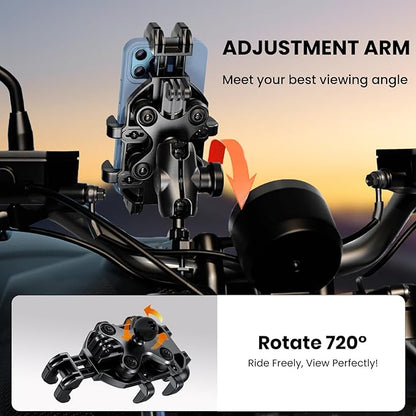 Motorcycle Phone Mount Holder with Vibration Dampener Anti-Shake 720° Adjustable for iPhone 16 Pro Max for Samsung 5.4''-6.9'' Phone Anti-Theft Dirt Bikes(U Shape Base 0.6-1.1" Handlebar)